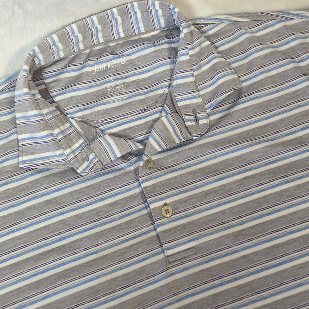 Johnnie-O Golf Shirt Mens Sz Large Polo Blue Gray Striped Stretch Sun Protection